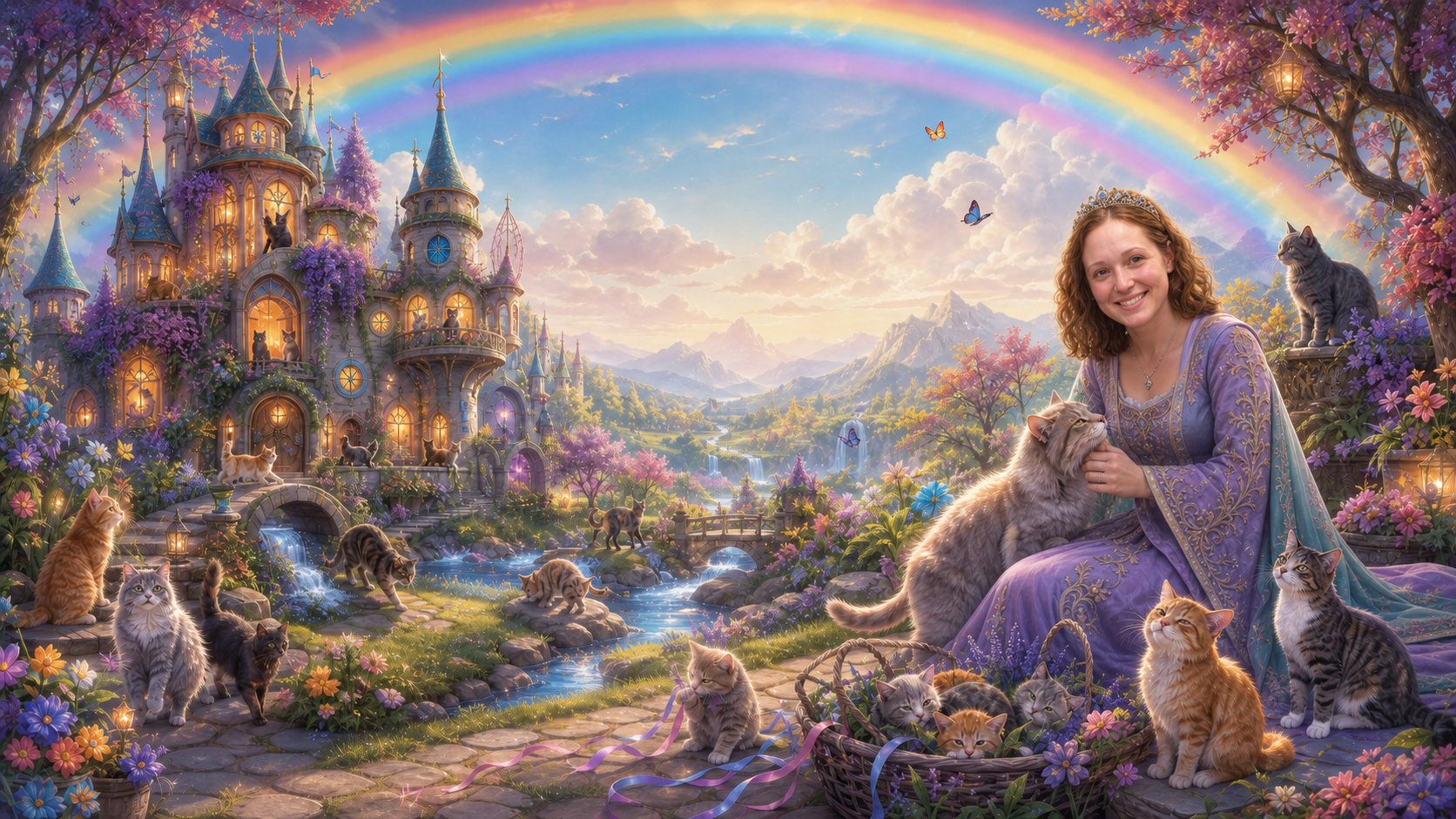 Abby in a bright fantasy cat kingdom with a rainbow, fairy castle, flowers, streams, and mountains